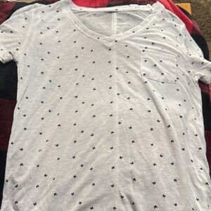 White V-Neck T-Shirt with Butterfly Pattern